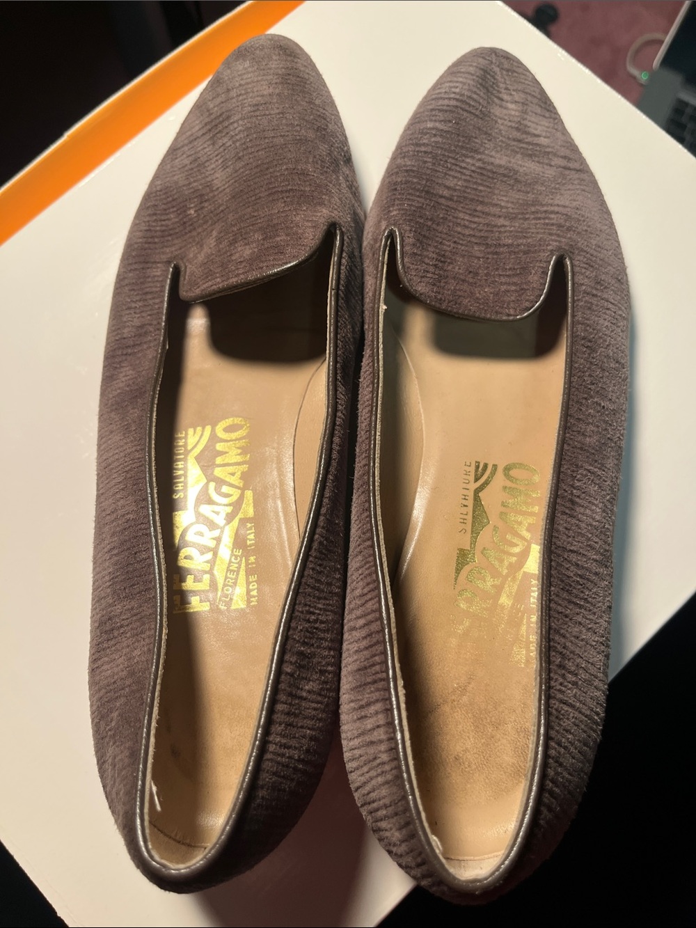 Salvatore Ferragamo Women's Taupe Velvet Slip-On Loafers